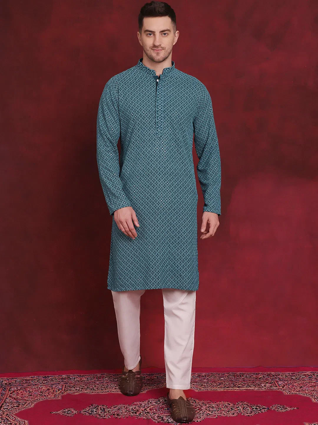 Blue Embroidered Kurta Pajama Set | Mens Kurta Pajama