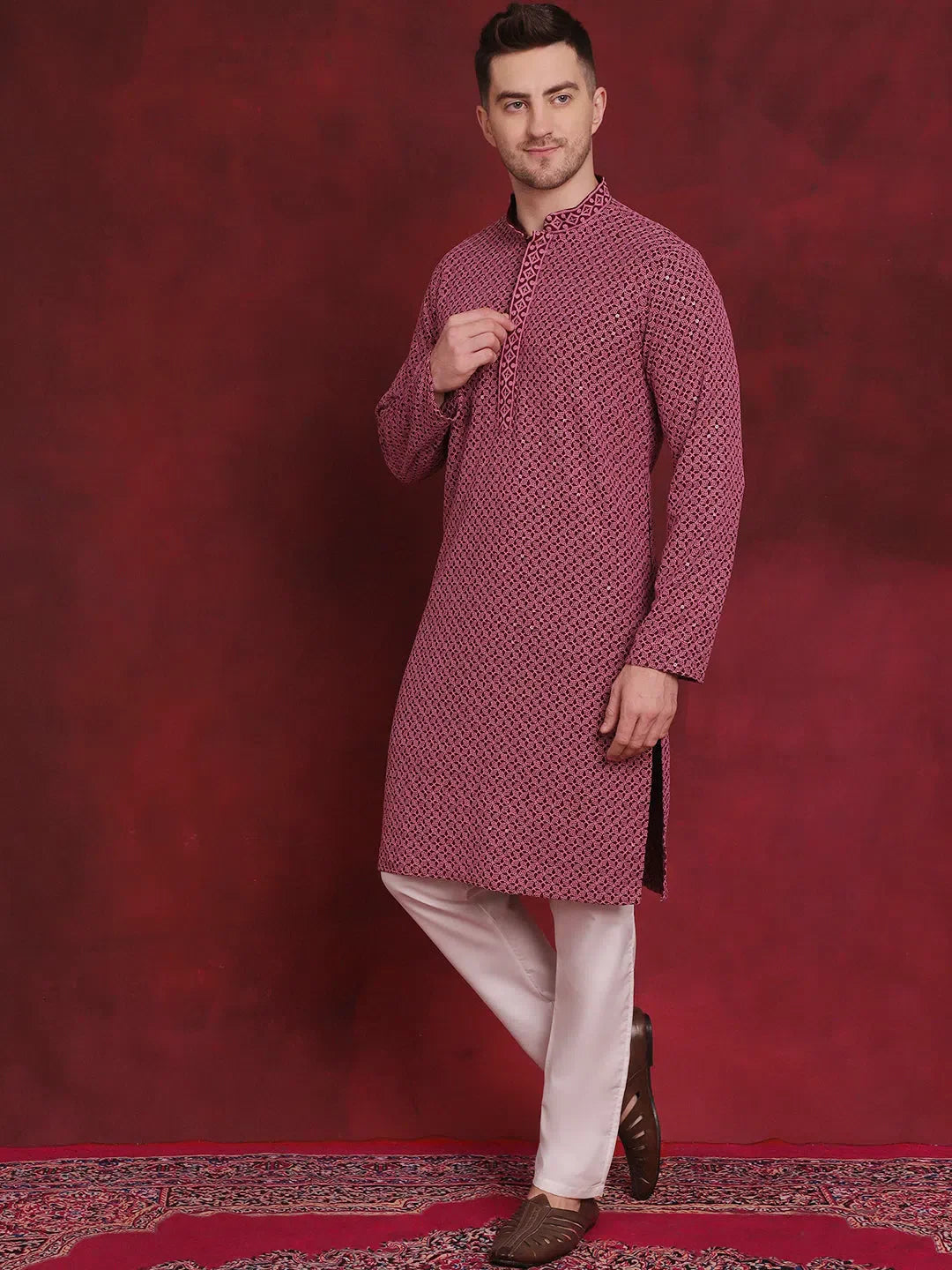 Magenta Sequin Embroidered Mens Kurta Pajama Set | Cotton