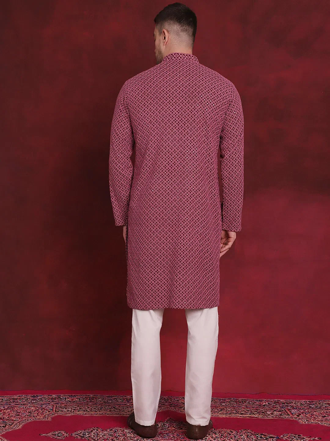 Magenta Sequin Embroidered Mens Kurta Pajama Set | Cotton