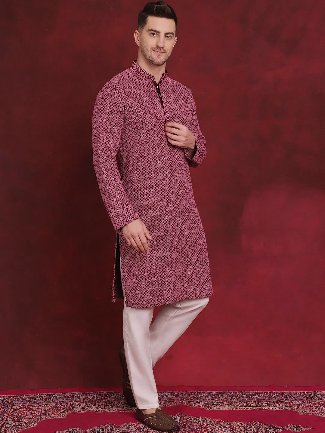 Magenta Sequin Embroidered Mens Kurta Pajama Set | Cotton