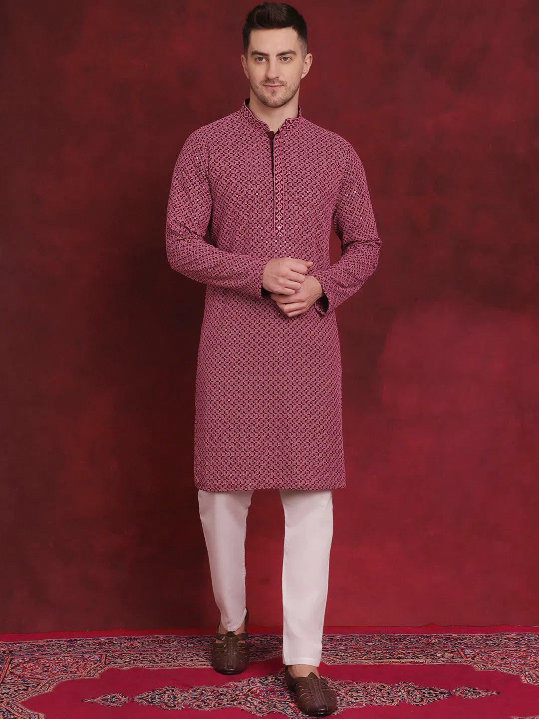 Magenta Sequin Embroidered Mens Kurta Pajama Set | Cotton