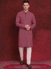 Sequin Embroidered Pure Cotton Kurta with Pyjamas-JOKP-P-5028Magenta