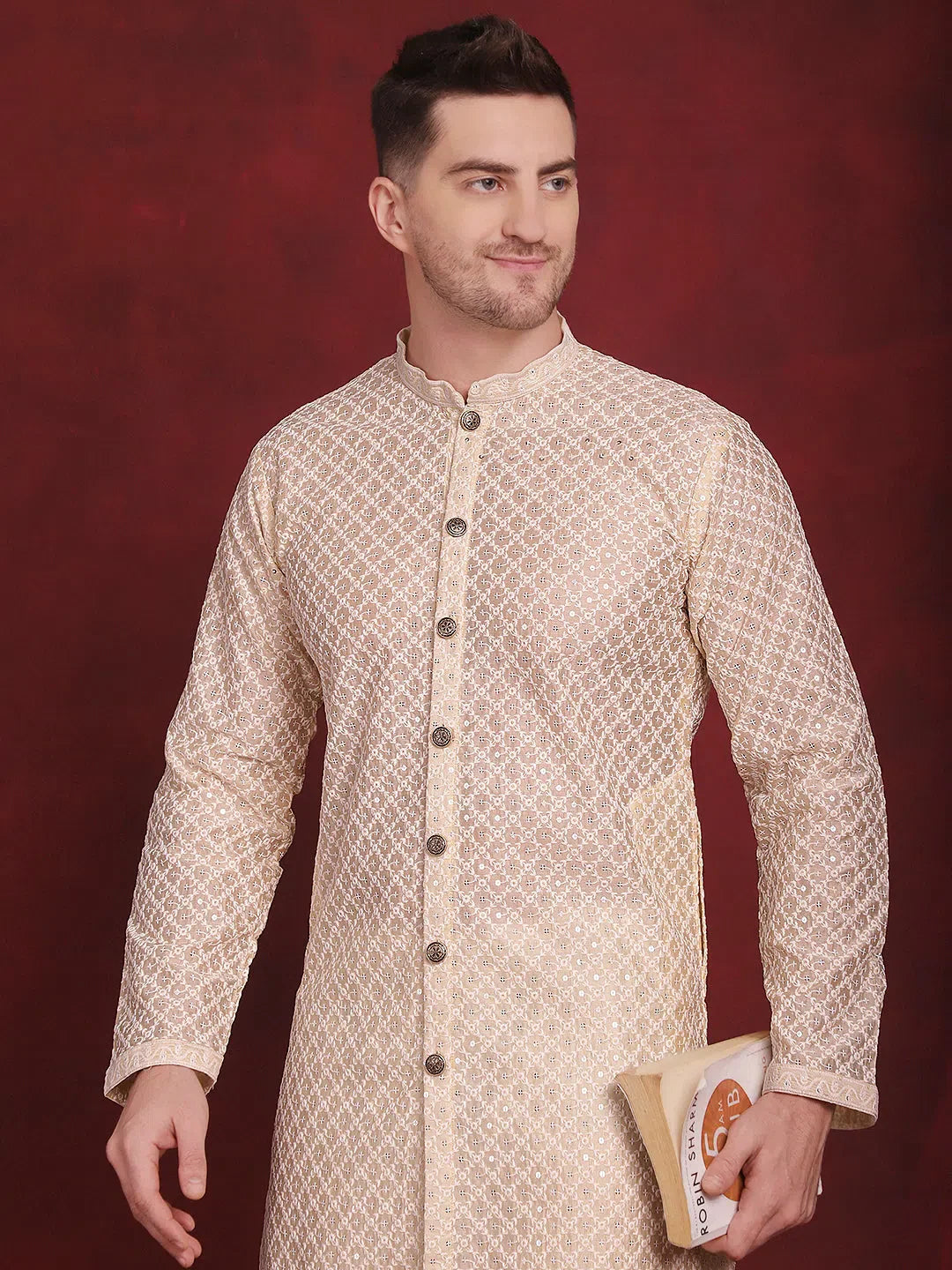 Golden Embroidered Kurta Pajama Set | Sequin Chikankari Kurta