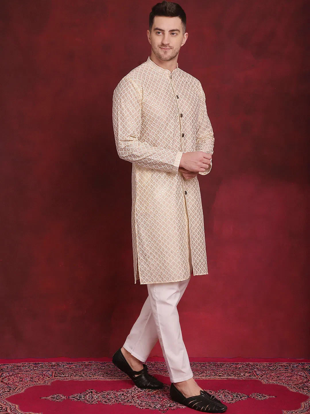 Golden Embroidered Kurta Pajama Set | Sequin Chikankari Kurta