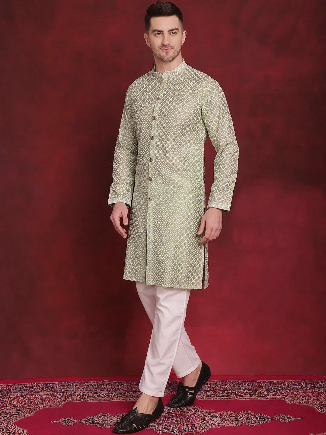 Pista Chikankari Kurta Pajama Set | Mens Kurta Pajama Online