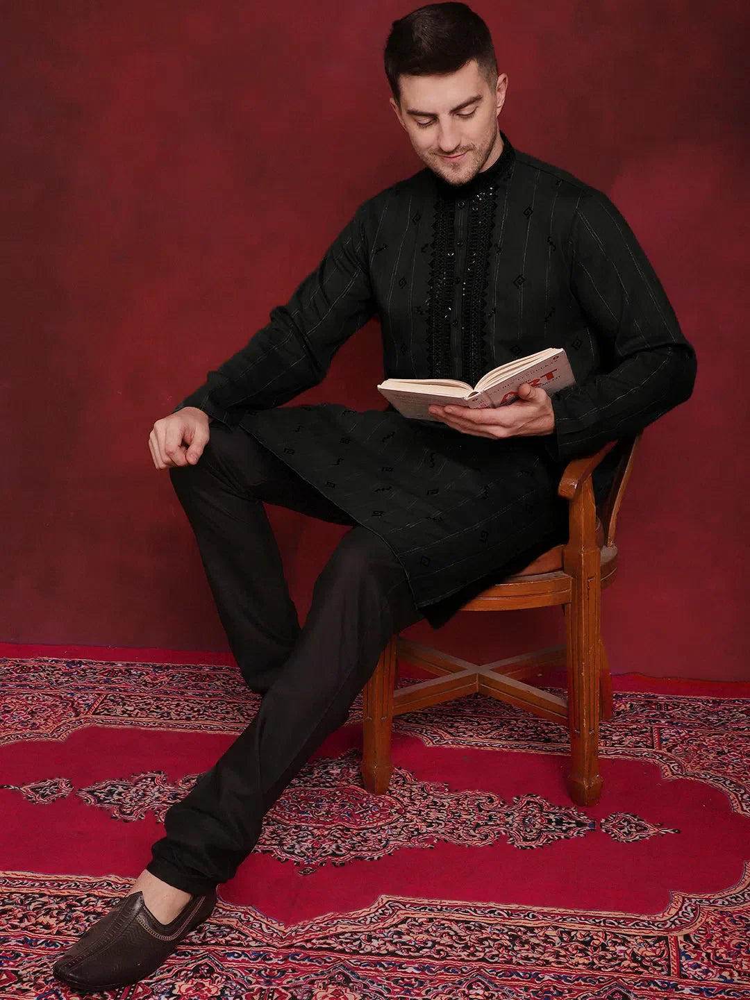 Olive Embroidered Kurta Pajama Set - Sequin Detail for Men