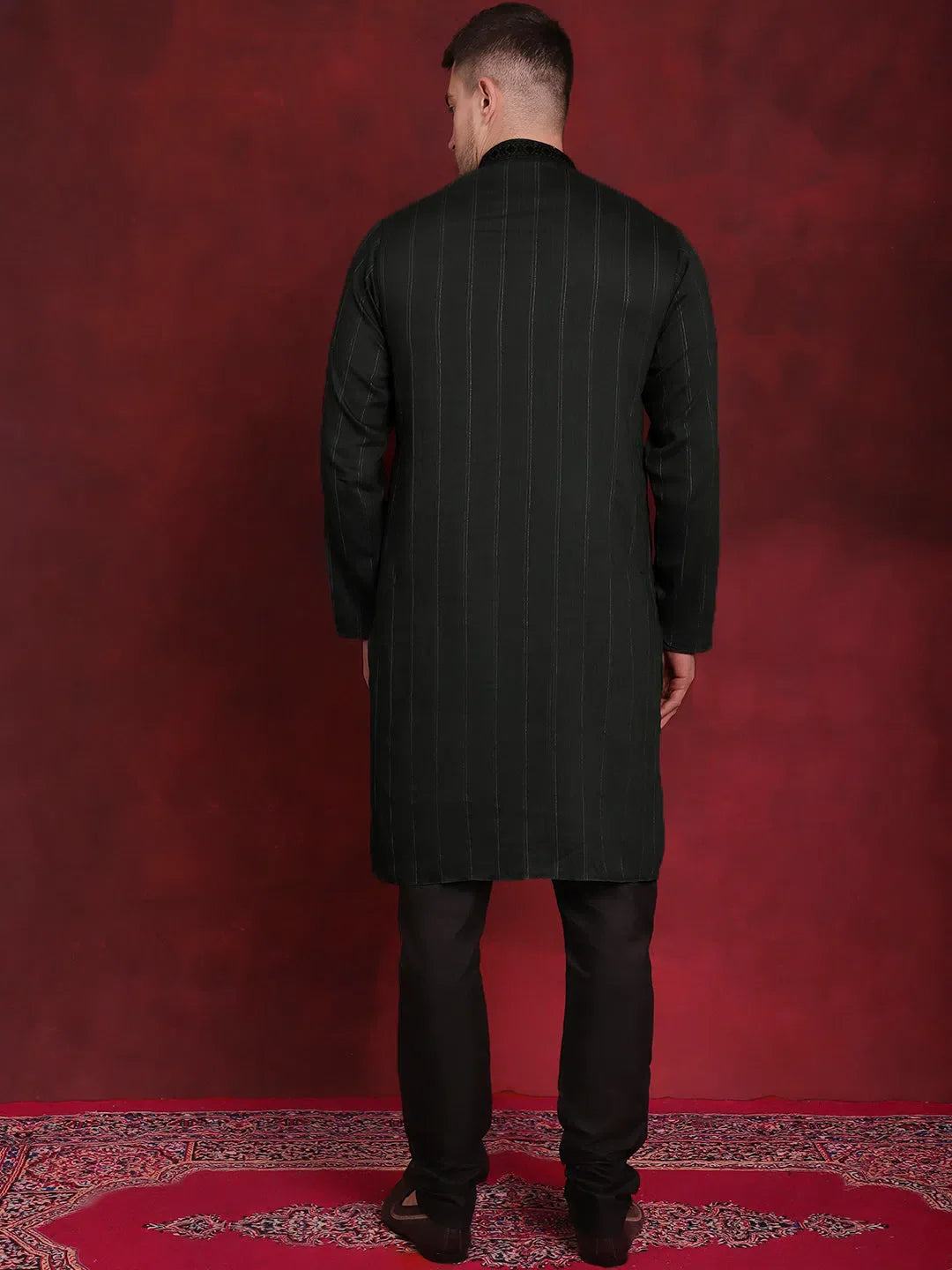 Olive Embroidered Kurta Pajama Set - Sequin Detail for Men