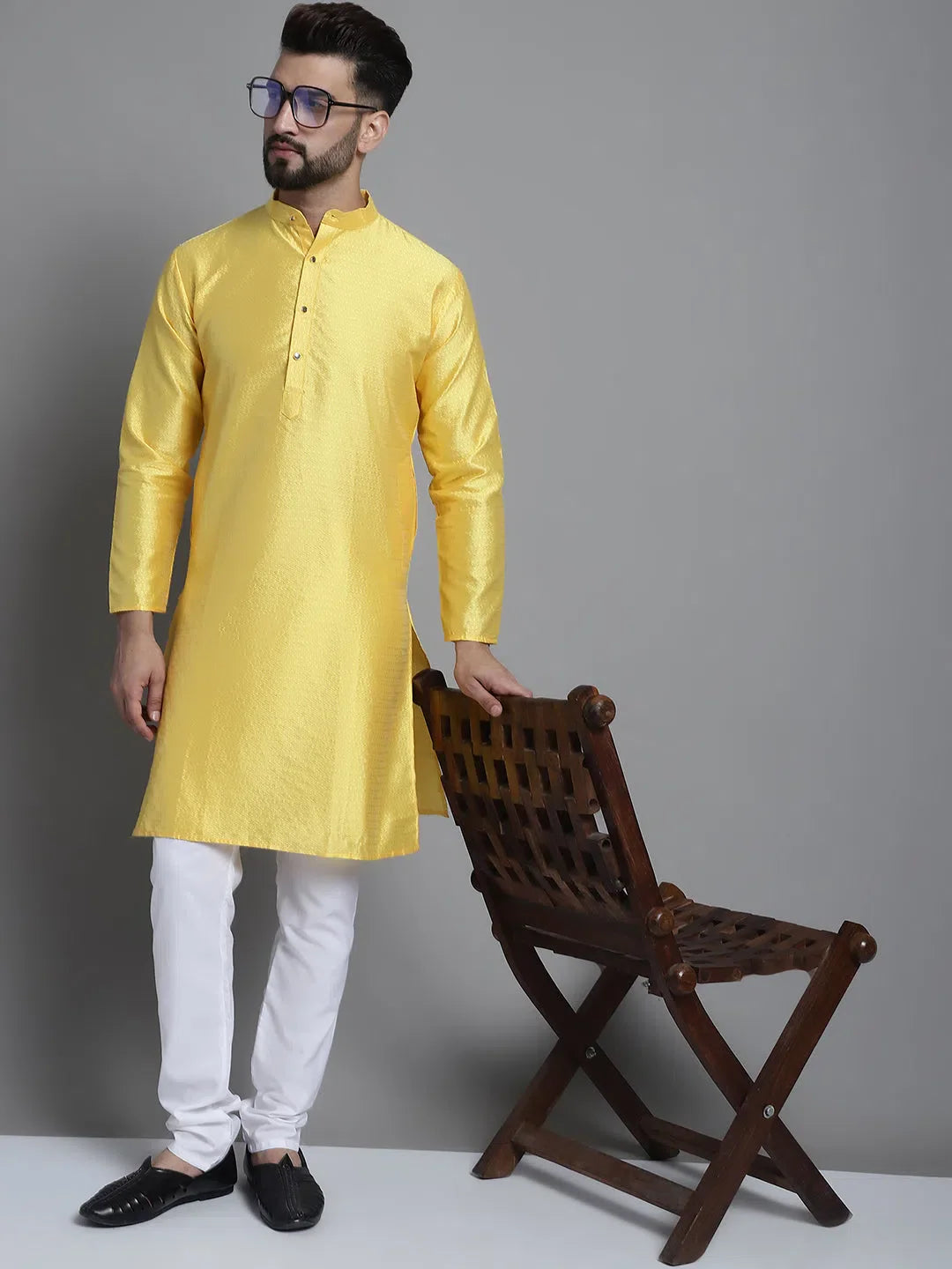 Woven Design Kurta Pajama Set - Lemon Yellow Mens Kurta