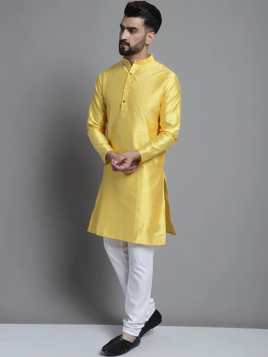 Woven Design Kurta Pajama Set - Lemon Yellow Mens Kurta