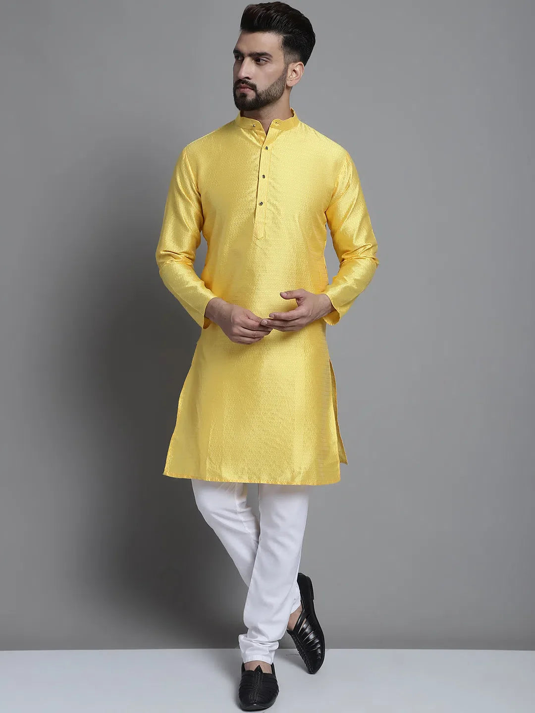 Woven Design Kurta Pajama Set - Lemon Yellow Mens Kurta