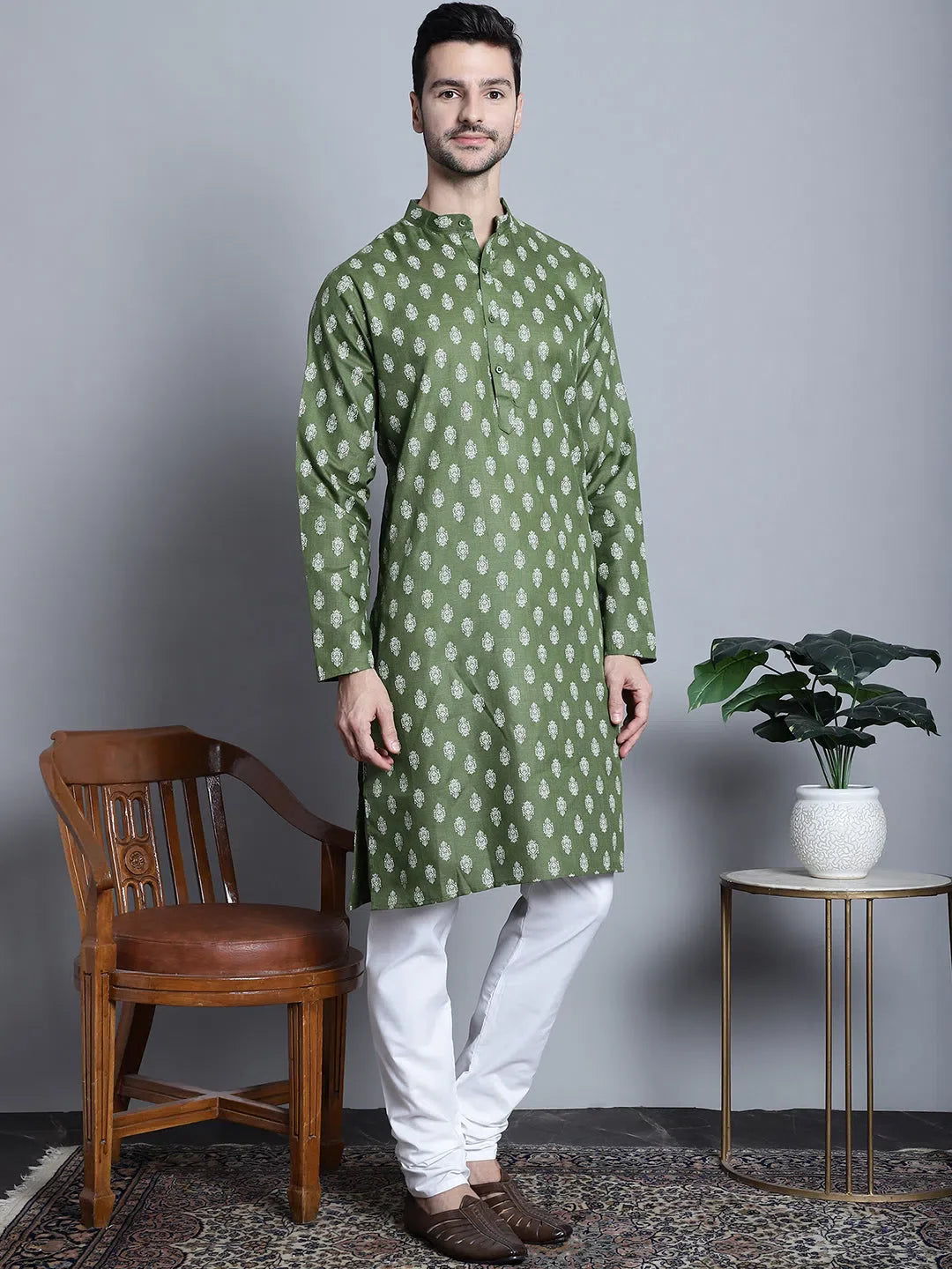 Men's Cotton Floral Kurta Pajama Set - Olive Green Printed