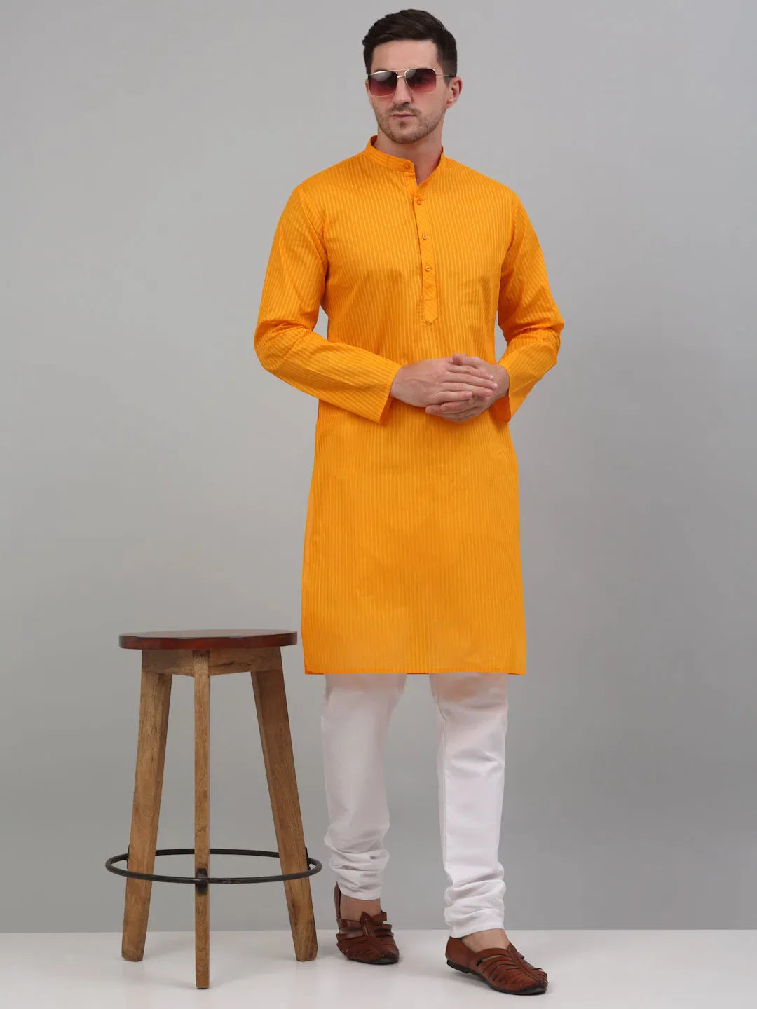 Mens Striped Cotton Kurta Pajama Set | Mustard Kurta Pajama