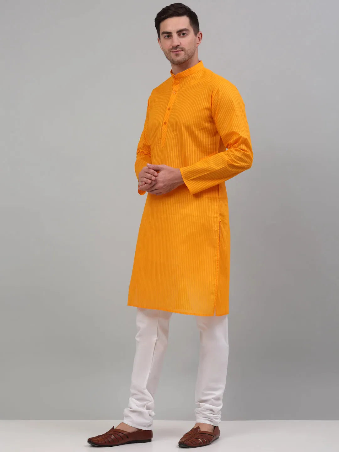 Mens Striped Cotton Kurta Pajama Set | Mustard Kurta Pajama