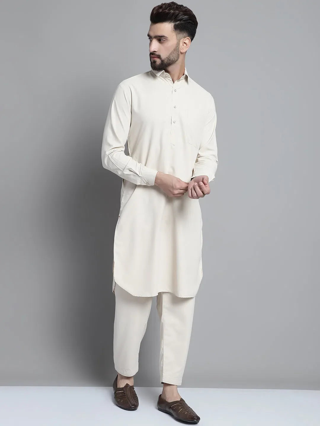 Cream Cotton Mens Kurta Pajama Set | Solid Pathani Style