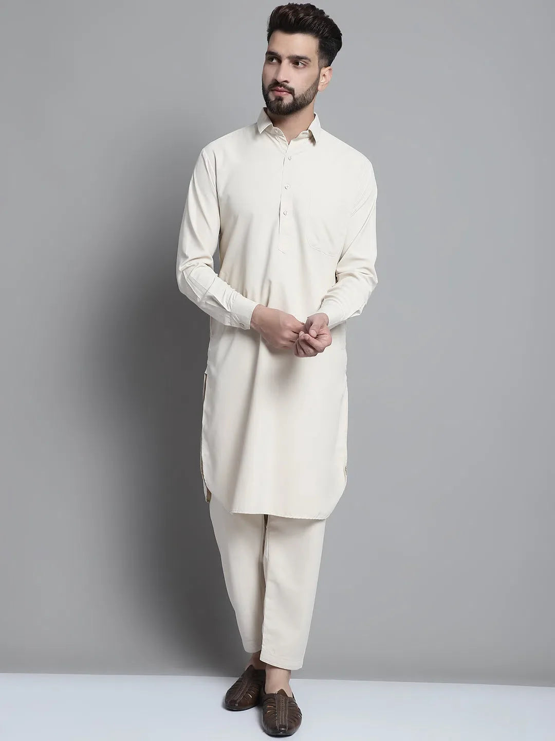 Cream Cotton Mens Kurta Pajama Set | Solid Pathani Style