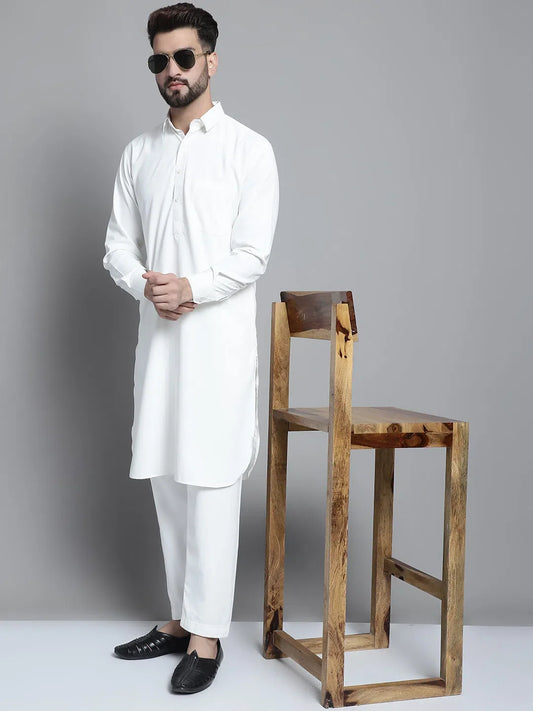 Men's White Cotton Solid Pathani Kurta with Salwar-JOKP-696White 1080