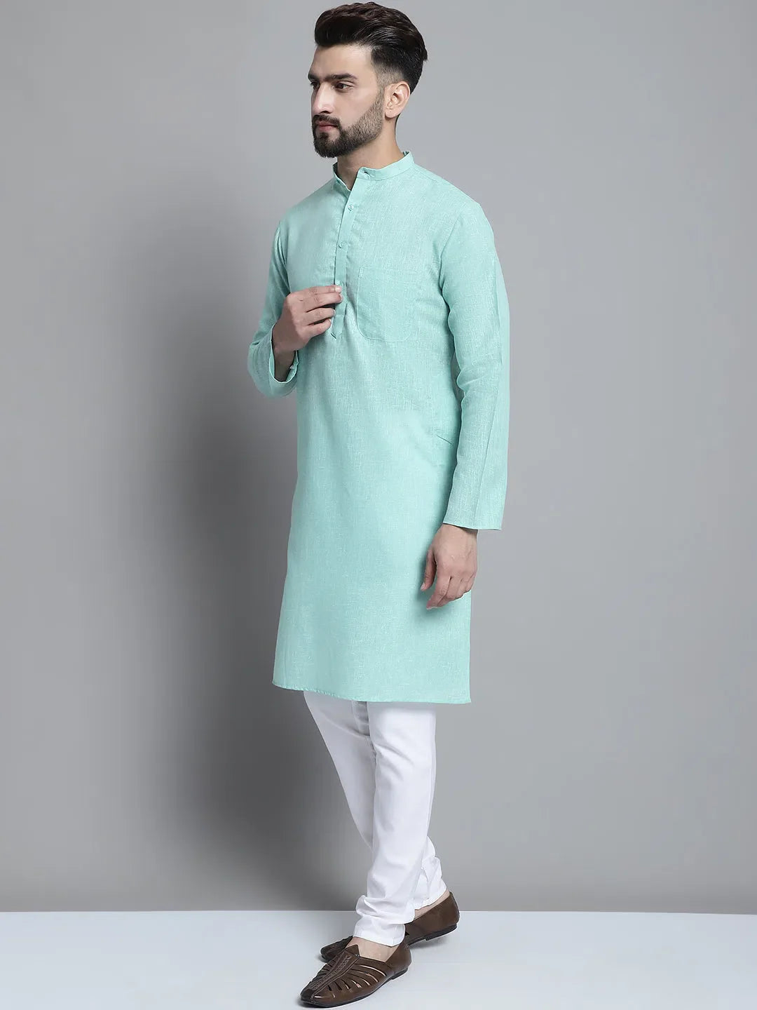 Green Cotton Mens Kurta Pajama Set | Solid Kurta Pajama Style