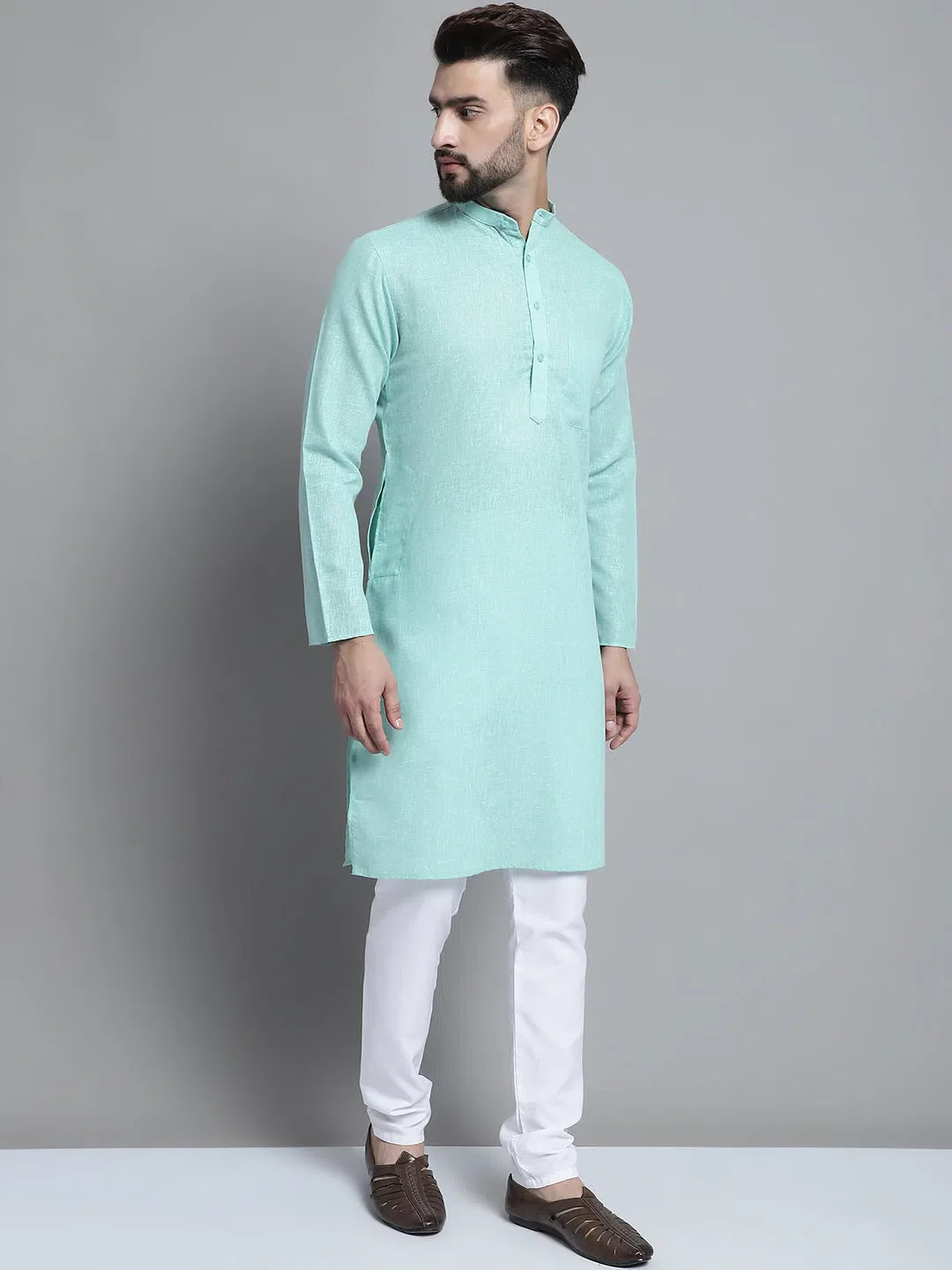 Green Cotton Mens Kurta Pajama Set | Solid Kurta Pajama Style