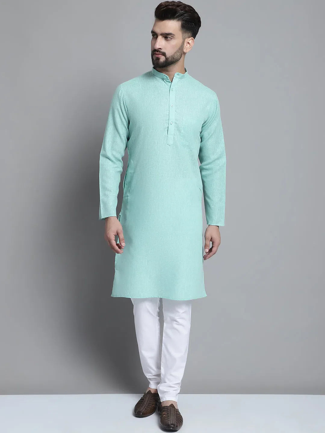 Green Cotton Mens Kurta Pajama Set | Solid Kurta Pajama Style