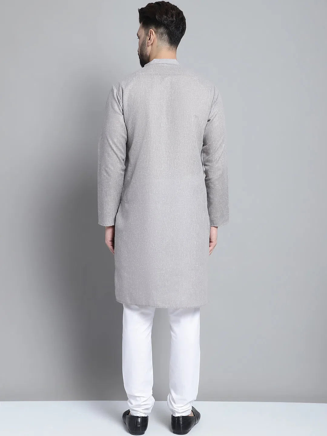 Men's Solid Pure Cotton Kurta With Pyjamas-JOKP-697Grey