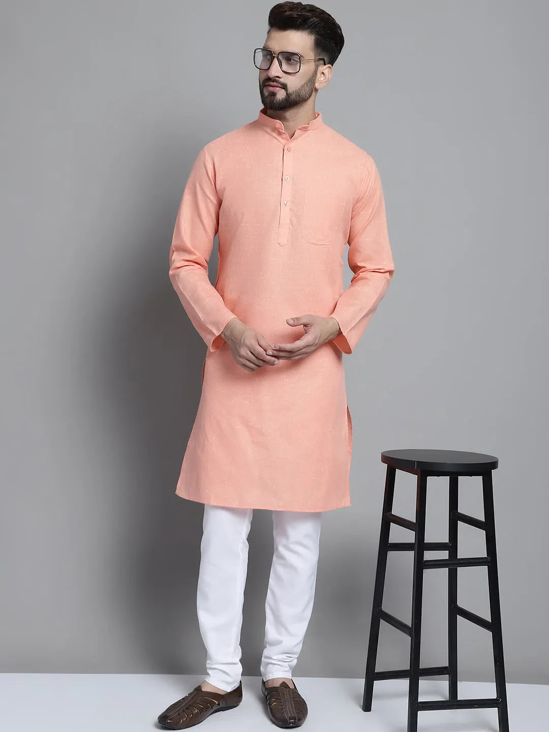 Peach Cotton Mens Kurta Pajama Set | Solid Kurta Pajama
