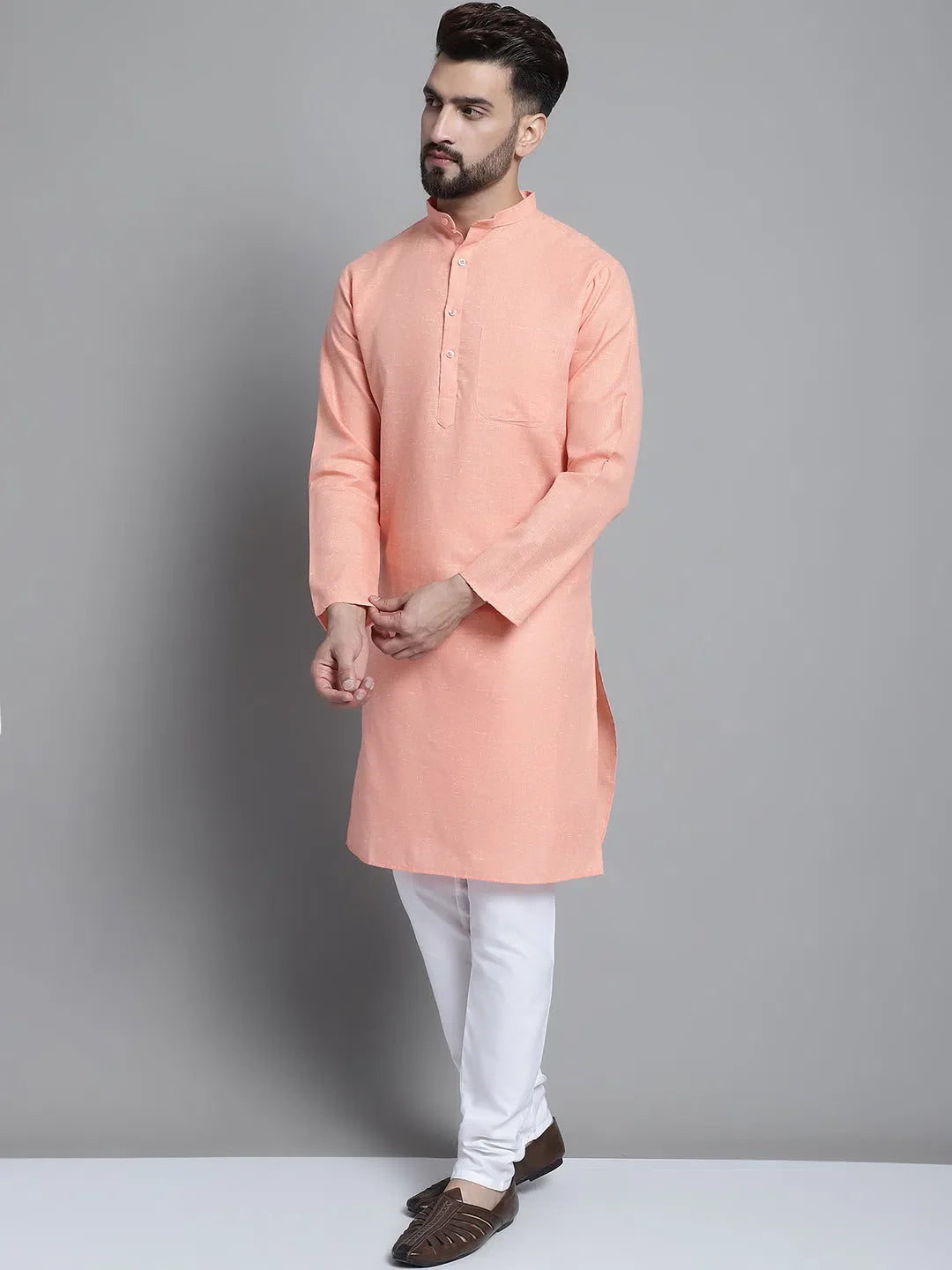 Peach Cotton Mens Kurta Pajama Set | Solid Kurta Pajama