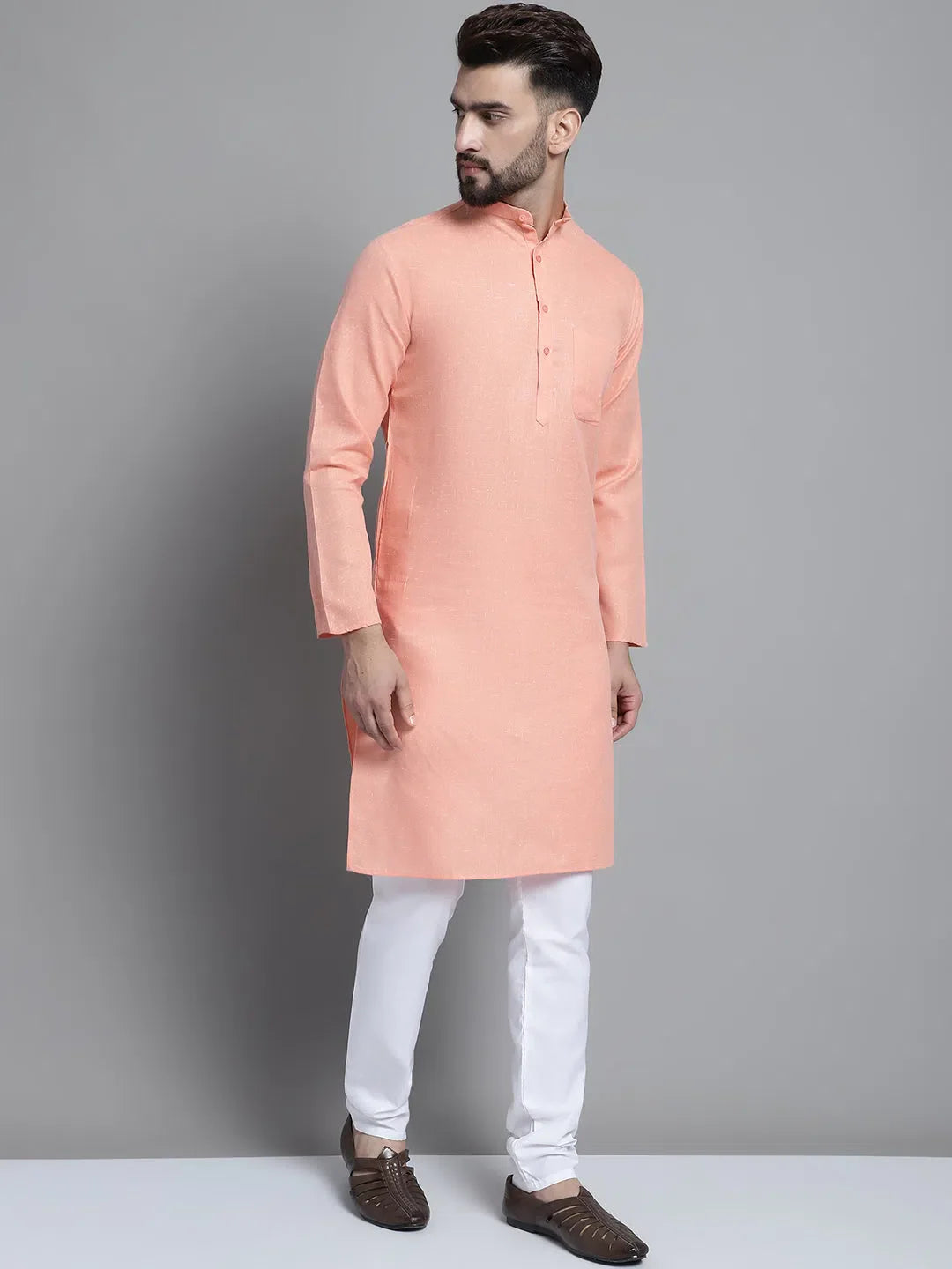 Peach Cotton Mens Kurta Pajama Set | Solid Kurta Pajama