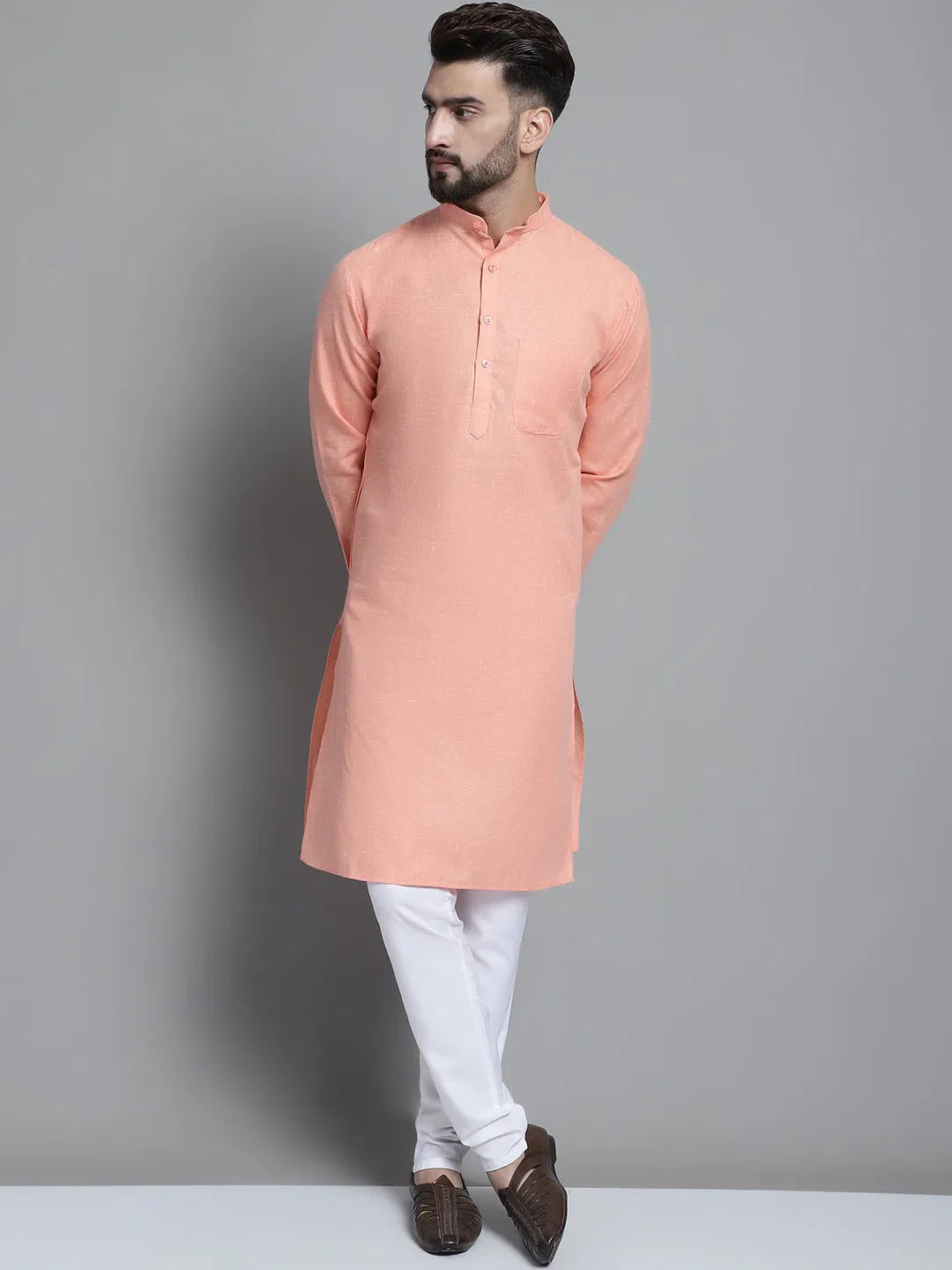 Peach Cotton Mens Kurta Pajama Set | Solid Kurta Pajama