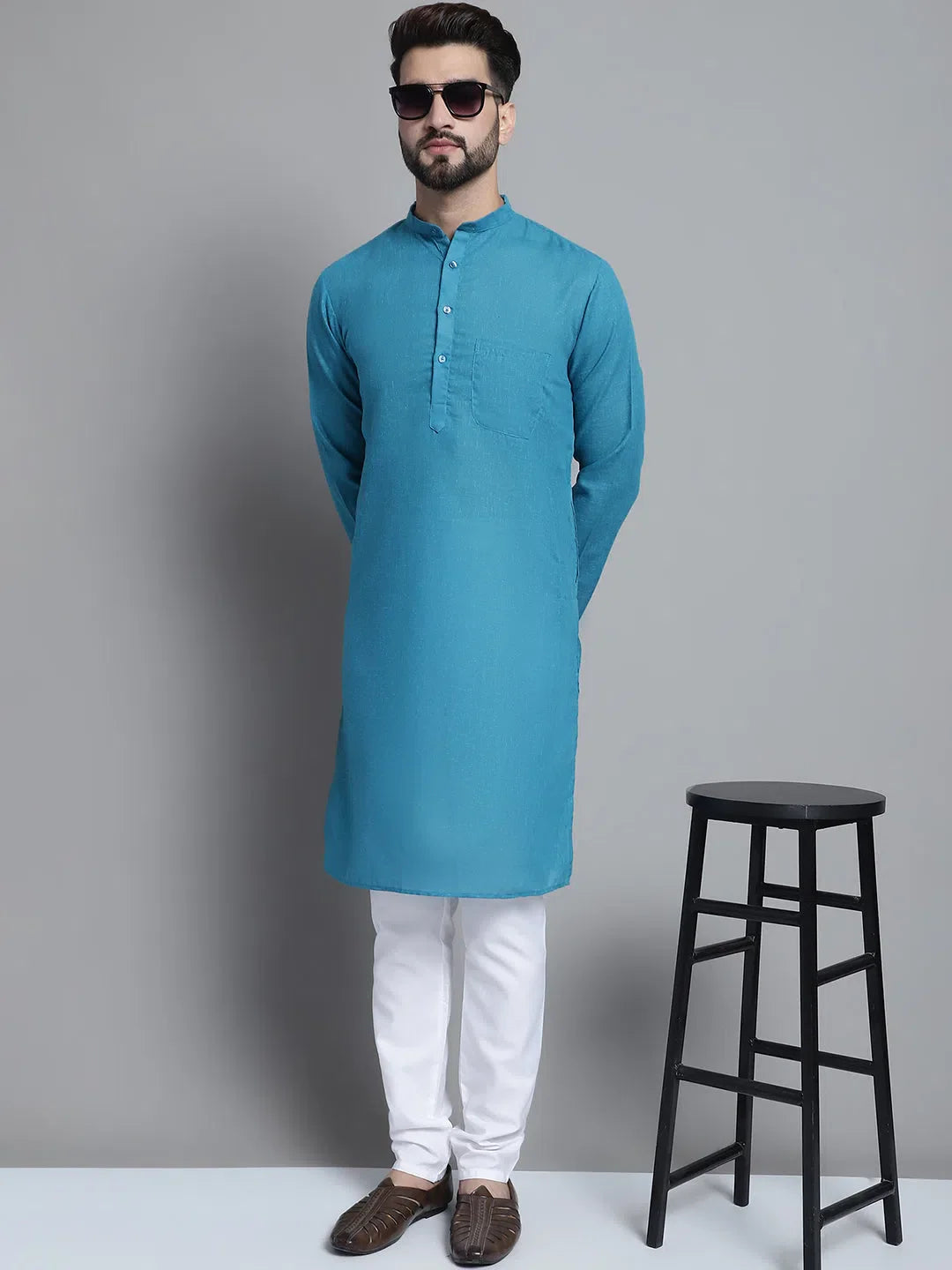 Peacock Blue Mens Kurta Pajama Set | Solid Cotton Kurta