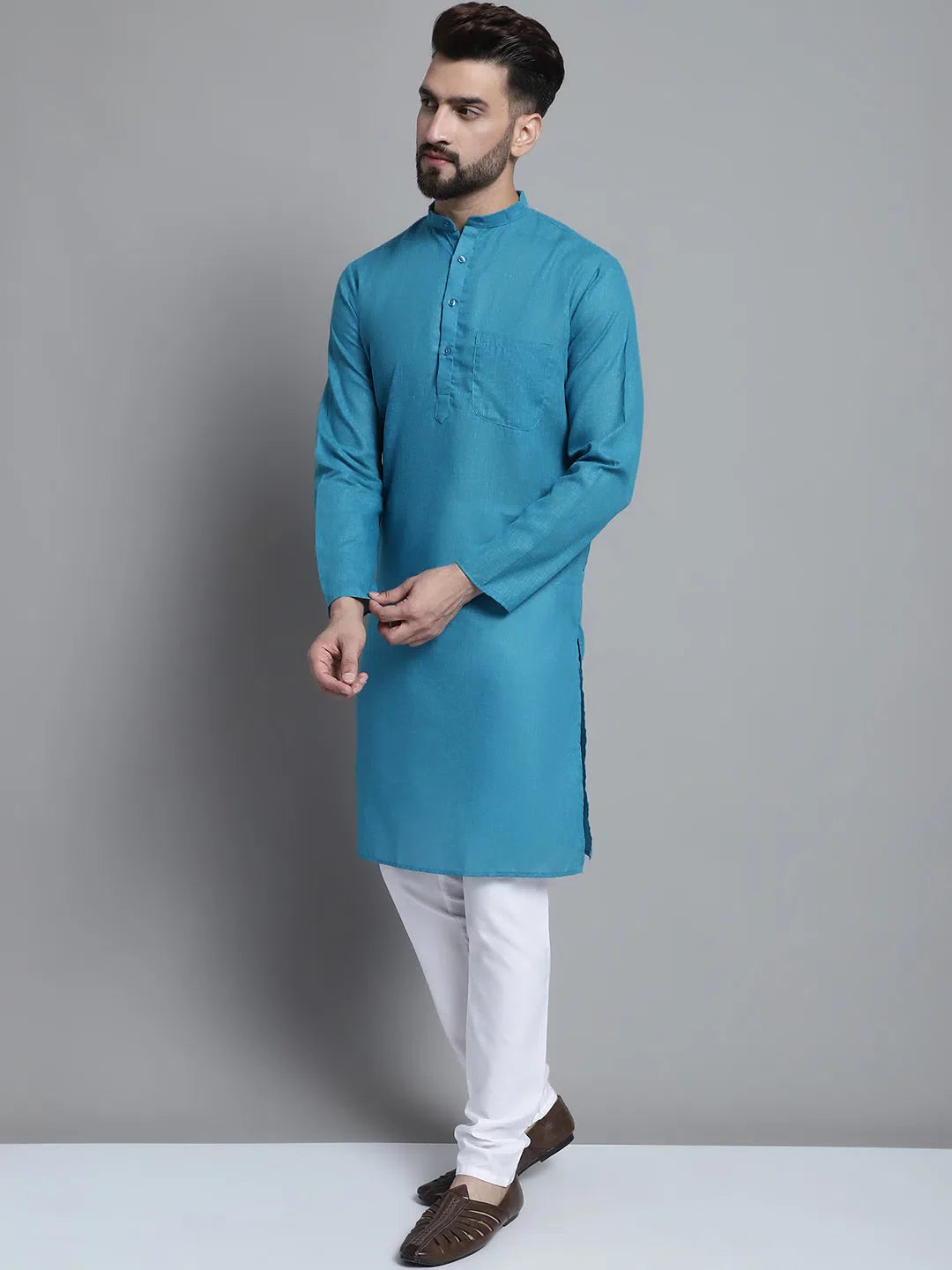Peacock Blue Mens Kurta Pajama Set | Solid Cotton Kurta