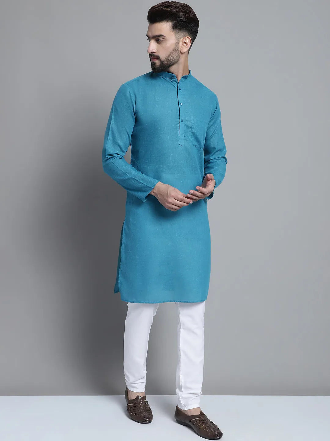 Peacock Blue Mens Kurta Pajama Set | Solid Cotton Kurta