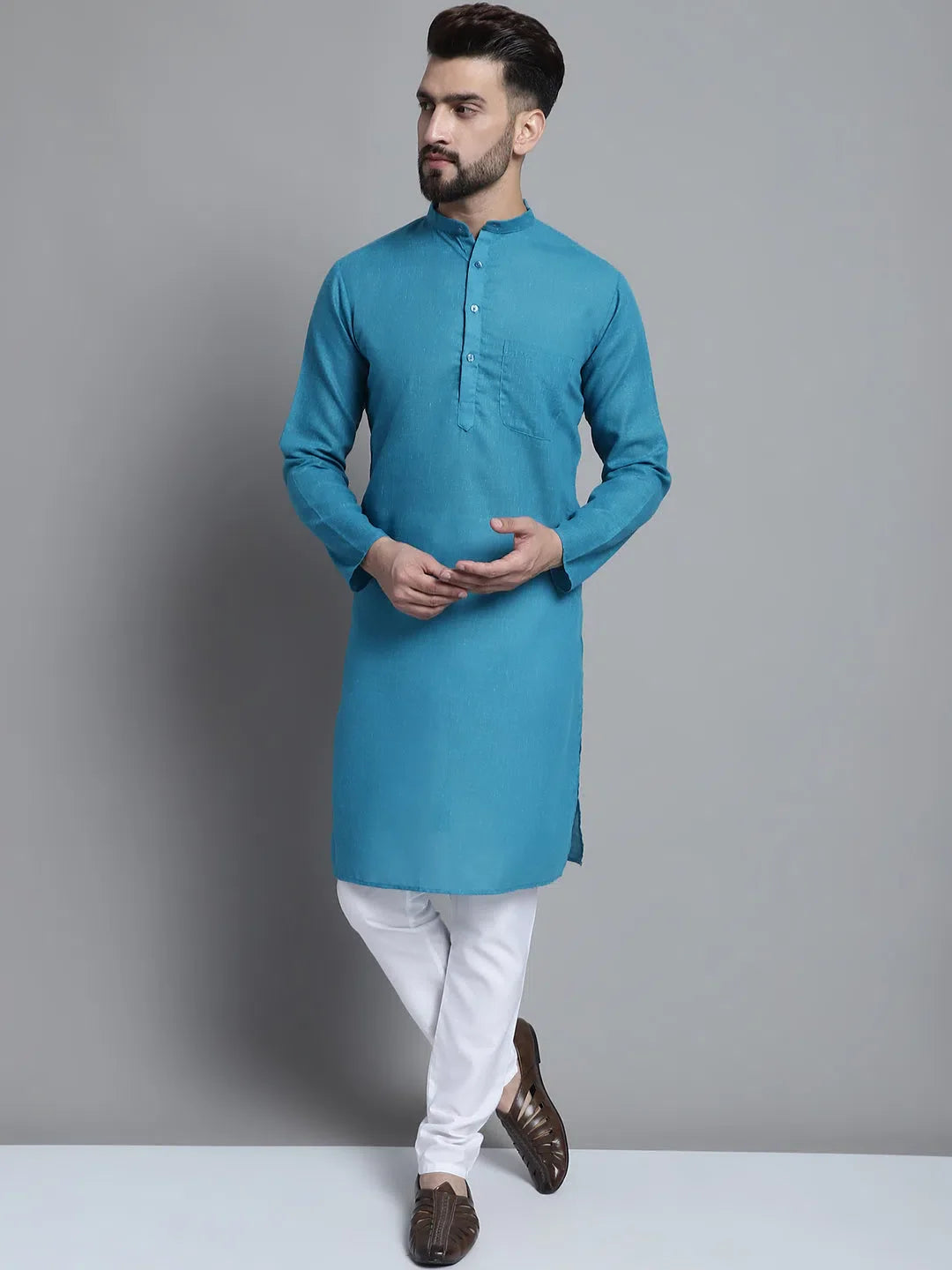 Peacock Blue Mens Kurta Pajama Set | Solid Cotton Kurta