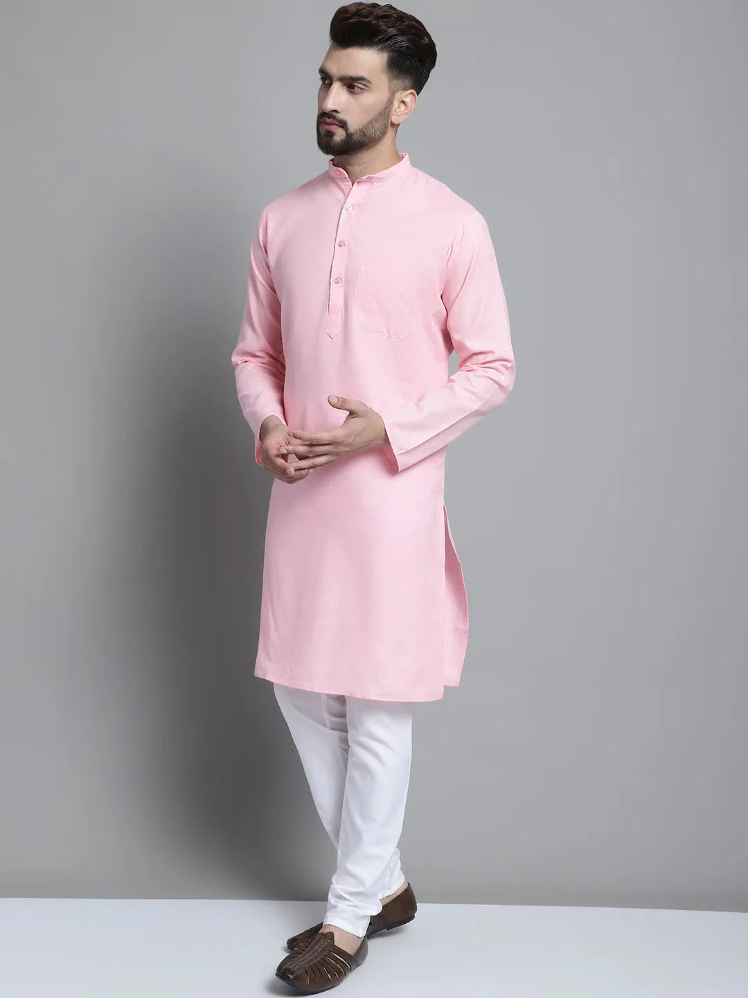 Pink Cotton Mens Kurta Pajama Set | Solid Kurta Pajama