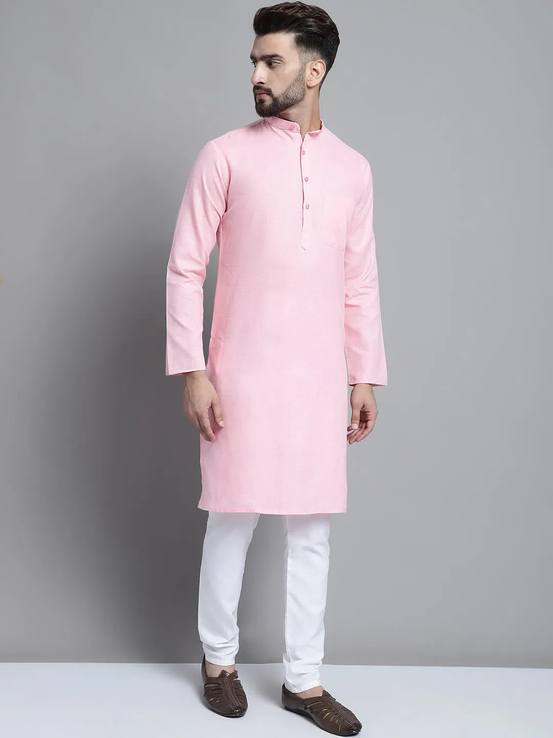 Pink Cotton Mens Kurta Pajama Set | Solid Kurta Pajama