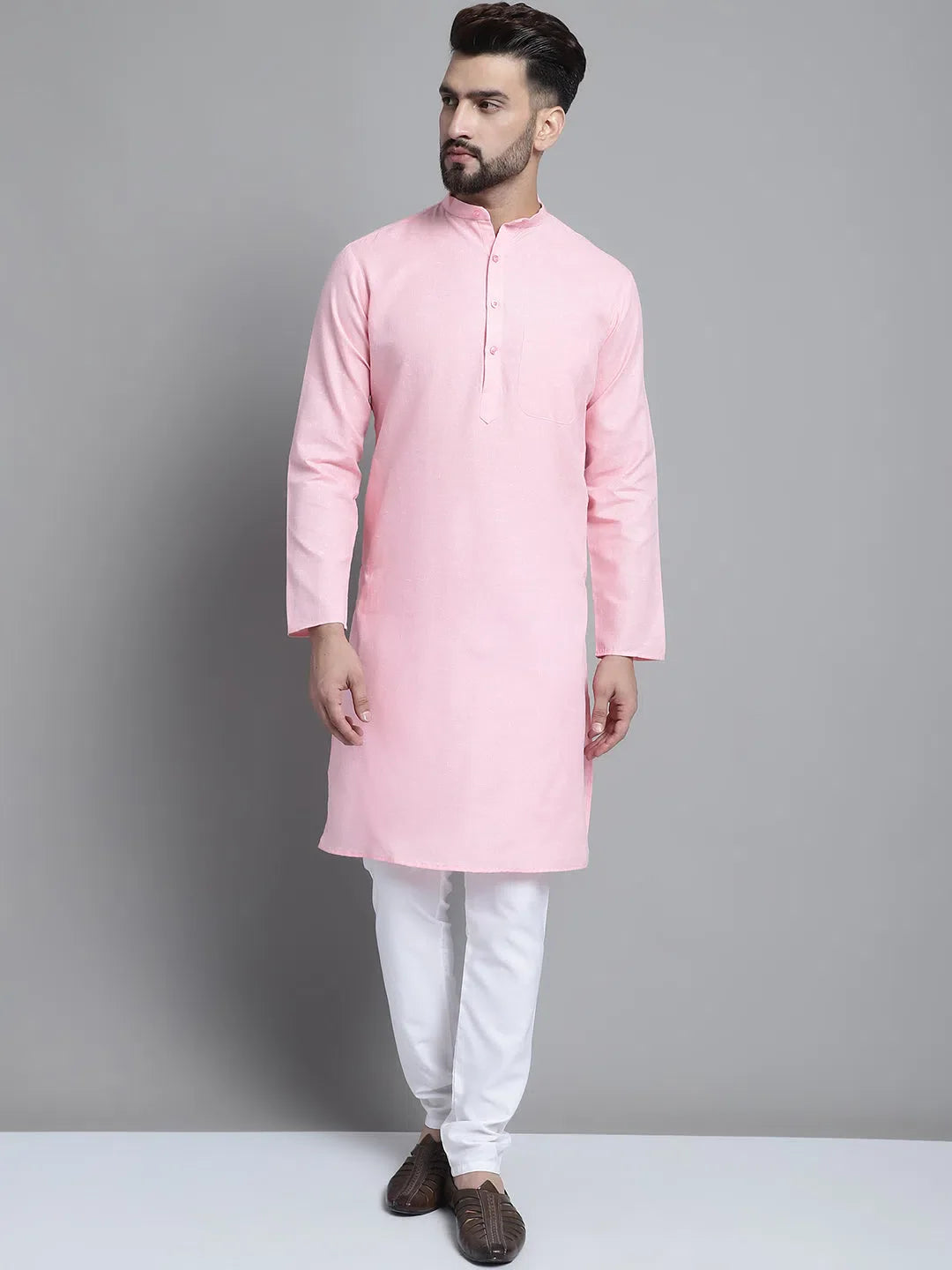 Pink Cotton Mens Kurta Pajama Set | Solid Kurta Pajama