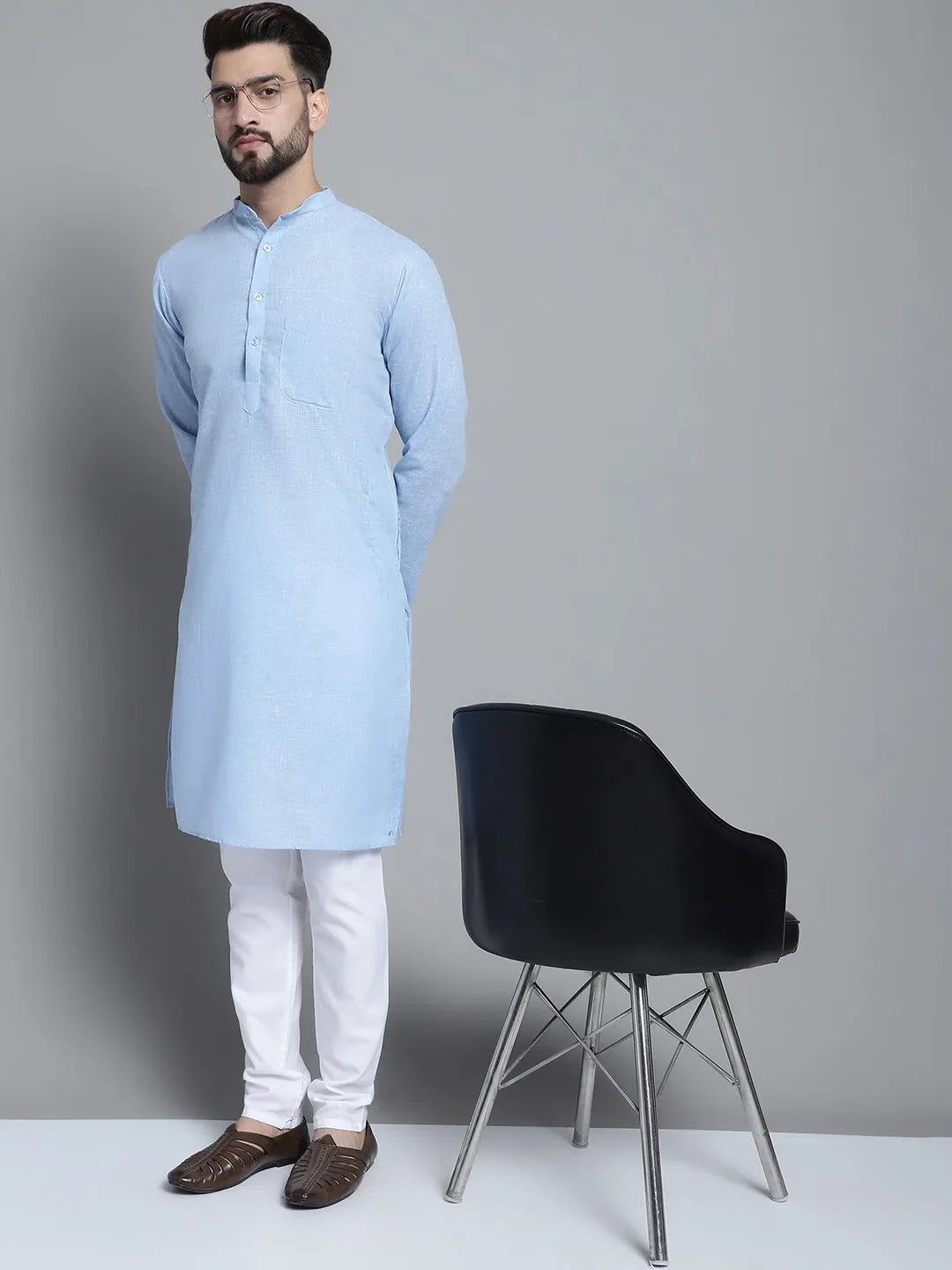 Sky Blue Cotton Mens Kurta Pajama Set | Solid Kurta Pajama