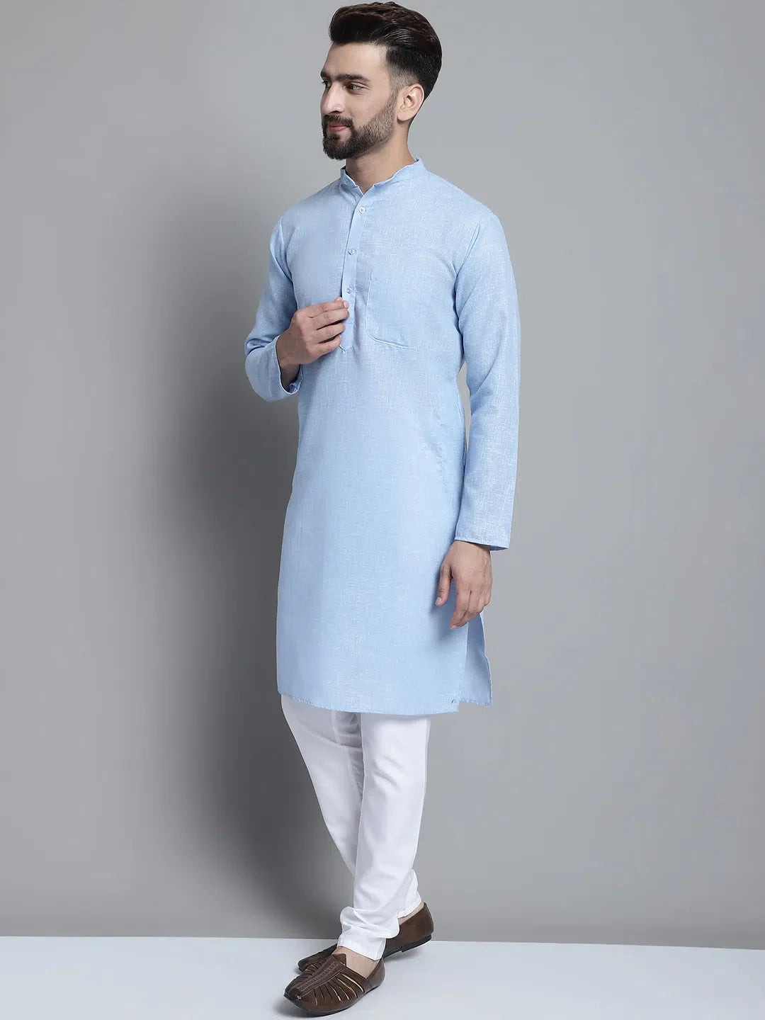 Sky Blue Cotton Mens Kurta Pajama Set | Solid Kurta Pajama