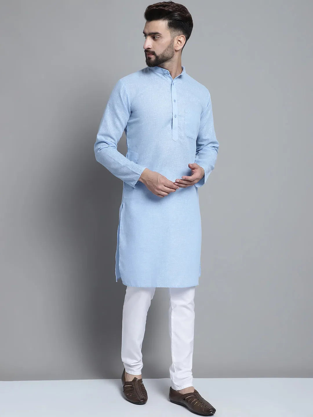 Sky Blue Cotton Mens Kurta Pajama Set | Solid Kurta Pajama