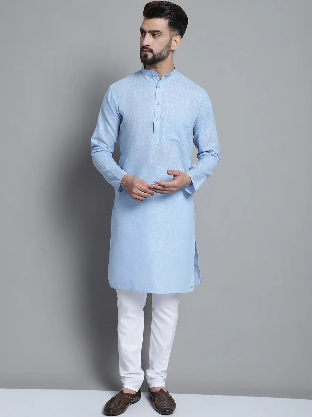Sky Blue Cotton Mens Kurta Pajama Set | Solid Kurta Pajama