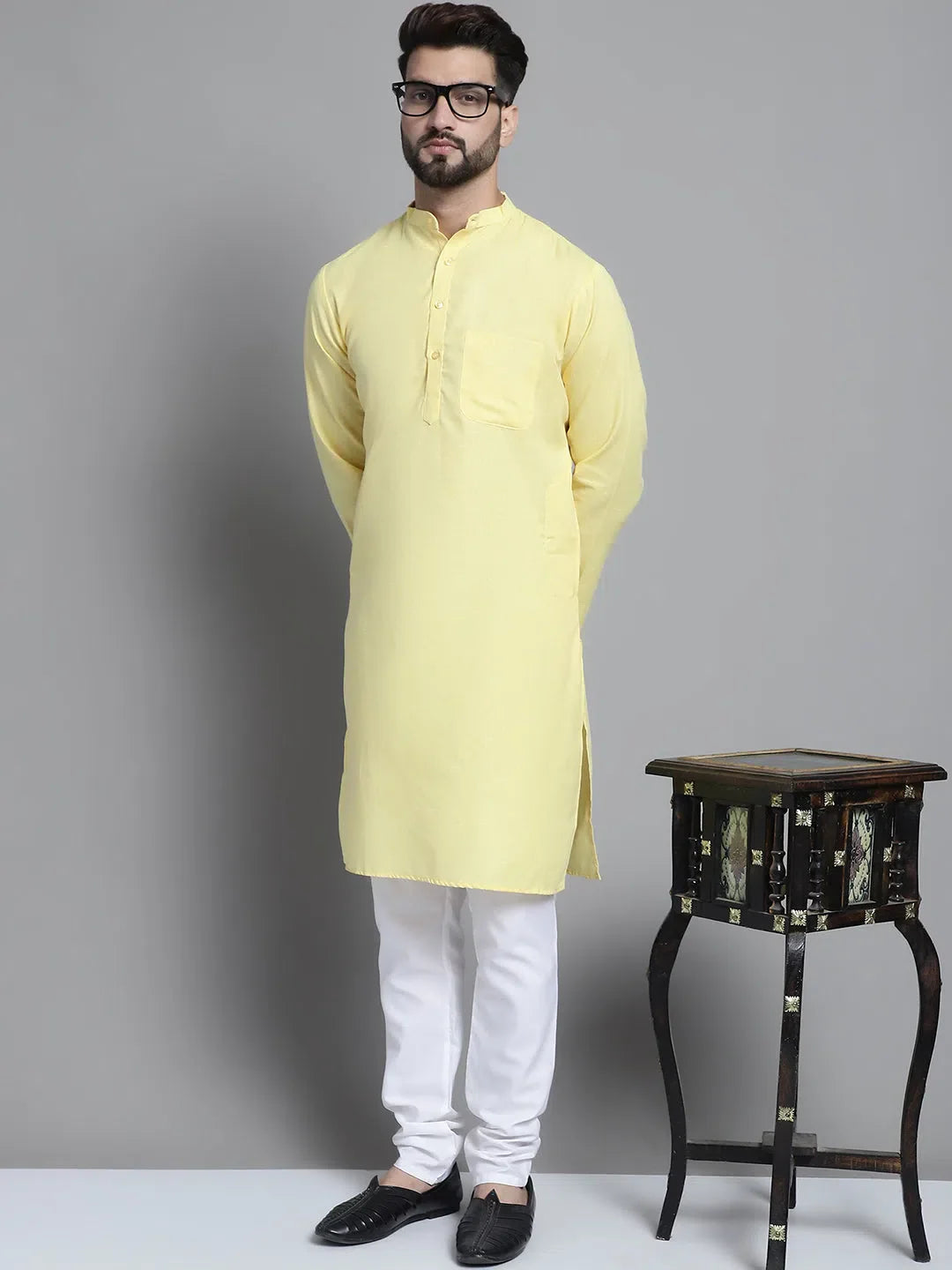 Yellow Cotton Mens Kurta Pajama Set | Solid Kurta Pajama