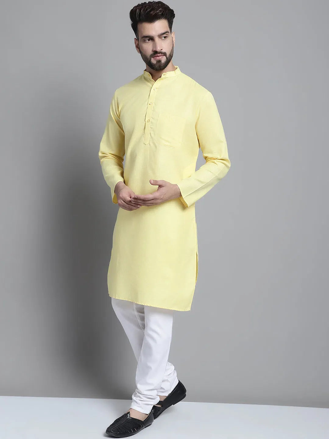 Yellow Cotton Mens Kurta Pajama Set | Solid Kurta Pajama
