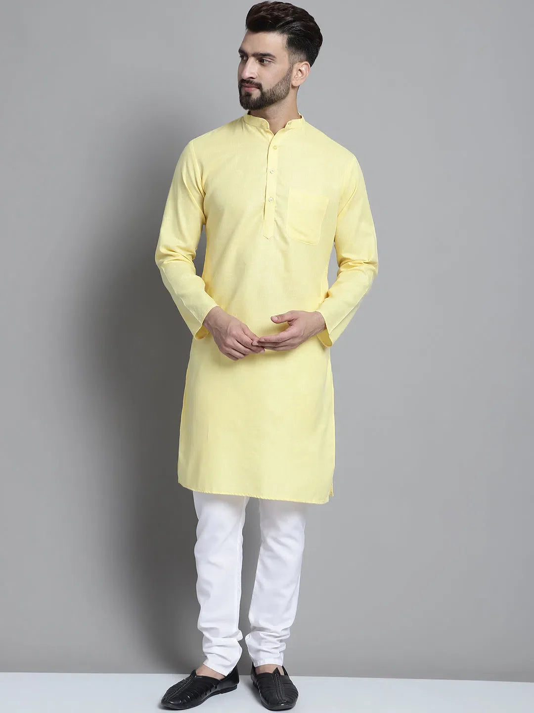 Yellow Cotton Mens Kurta Pajama Set | Solid Kurta Pajama
