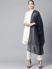 Women Off-White & Navy Blue Solid Kurta with Trousers & Dupatta ( JOKS 1309 Off-White )-JOKS-1309