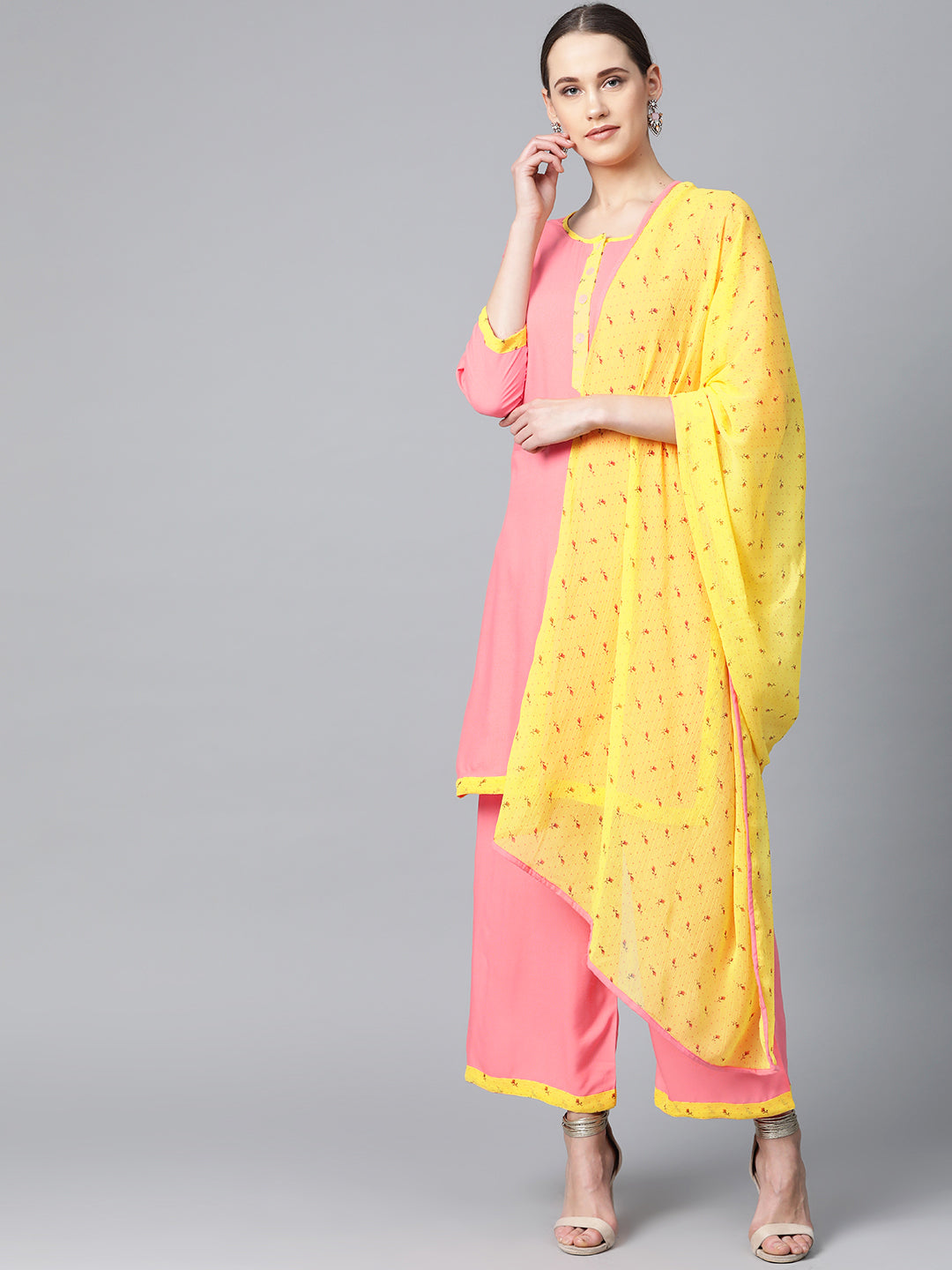 Women Peach-Coloured & Yellow Solid Kurta with Palazzos & Dupatta