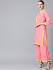 Women Peach-Coloured & Yellow Solid Kurta with Palazzos & Dupatta
