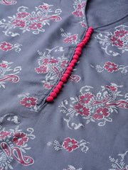 Women Grey & Pink Block Printed Kurta with Palazzos ( JOKPL 1341 Grey )-JOKPL-1341