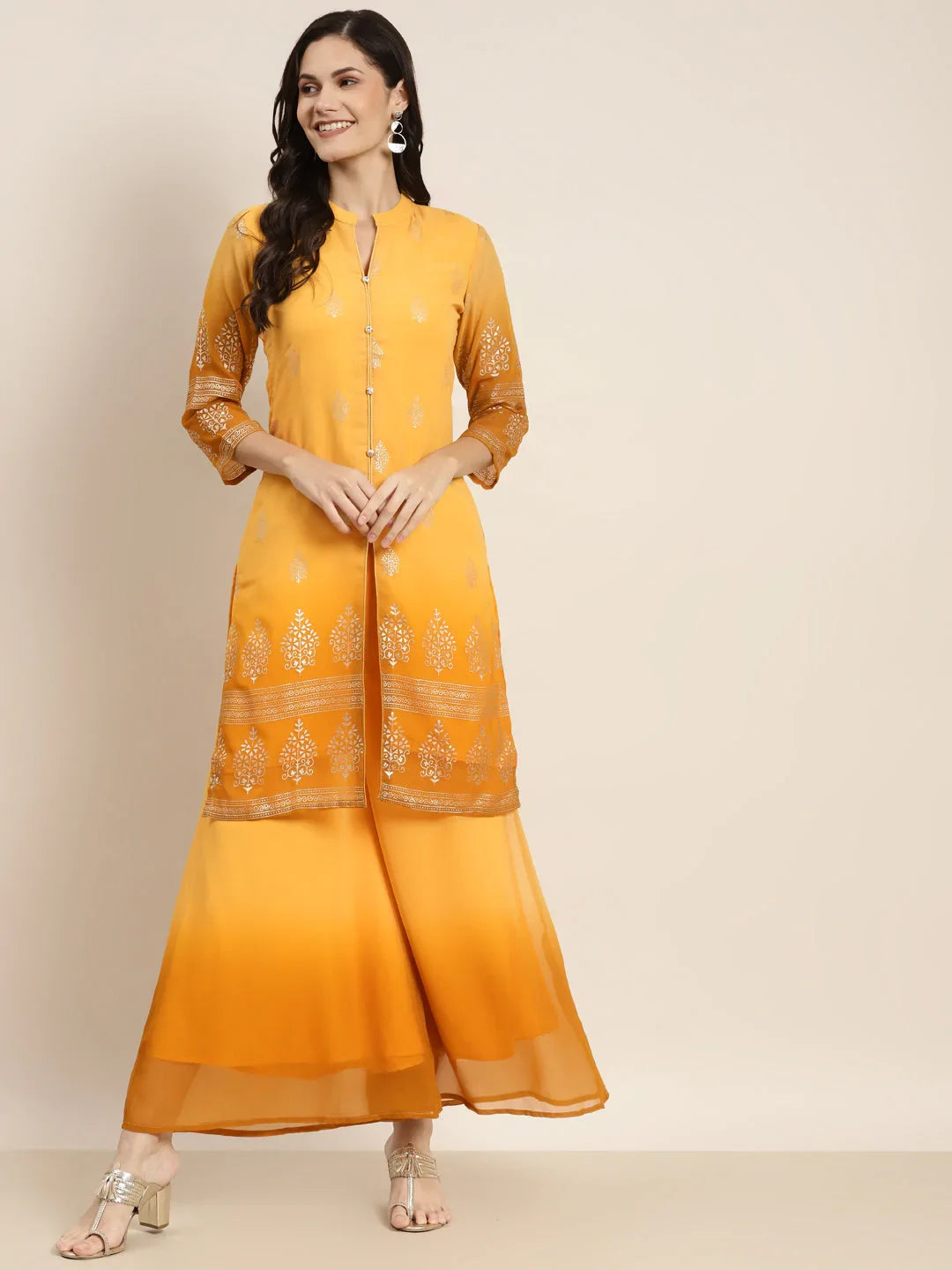 Printed Mukaish Kurta with Palazzos ( JOKPL 1460 Yellow )
