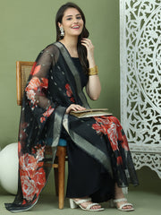 Backless Designer Kurta Palazzo Set with Floral Dupatta ( JOKPL 2137B D66B 1577 Black )