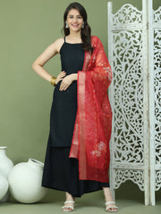 Backless Designer Kurta Palazzo Set with Floral Dupatta ( JOKPL 2137B D66R 1577 Black )