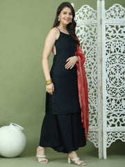 Backless Designer Kurta Palazzo Set with Floral Dupatta ( JOKPL 2137B D66R 1577 Black )